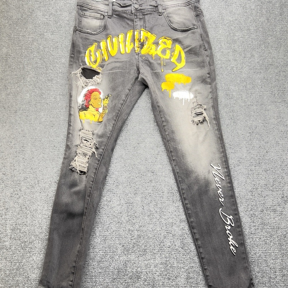 Civilized Jeans 36x32 Distressed Graphic Denim Pants "Civilized" Streetwear Gray